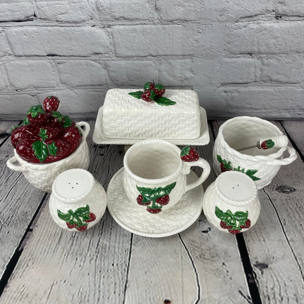 Vintage Berry Pickin Lot Strawberry Basketweave Breakfast Set  Cottagecore